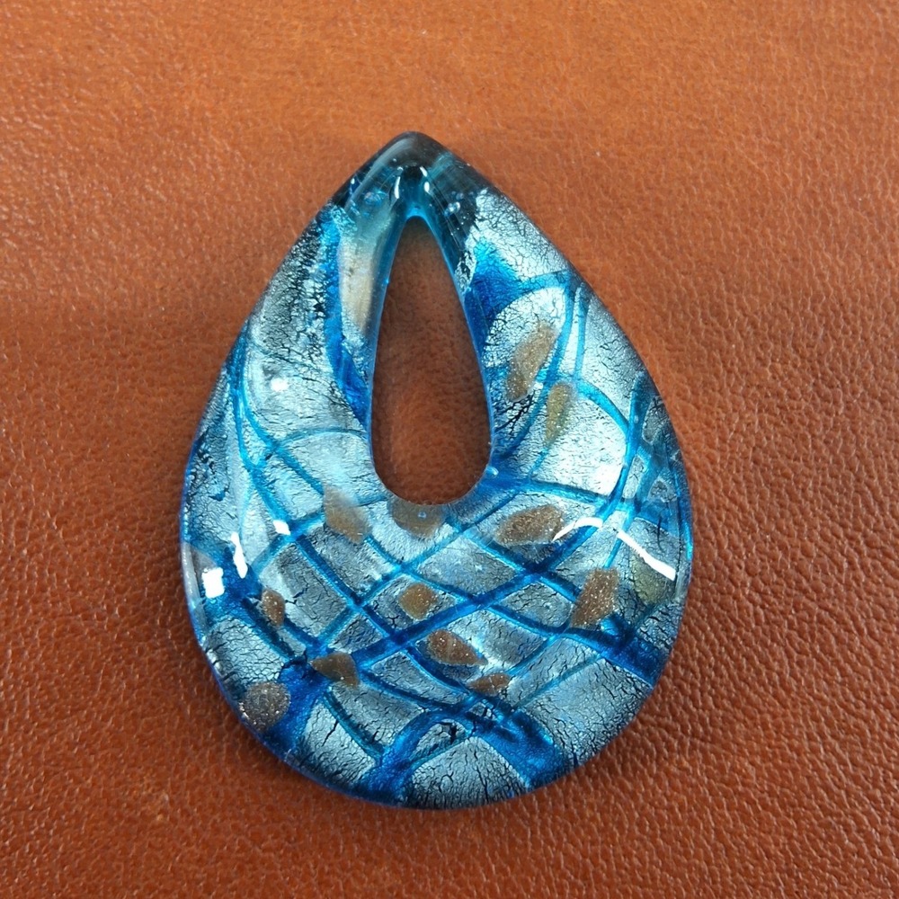 Blue Murano Style Art‎ Glass Teardrop Pendant Silver Foil Aventurine 1.75"
